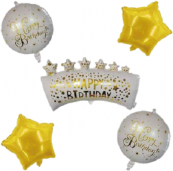 Set 5 baloane Happy Birthday model cu stele Alb-Auriu JMB-BBL6479 
