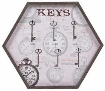 Decoratiune suport pentru chei lemn hexagon 6 agatatori model vintage multicolor 33x29 cm FMD478