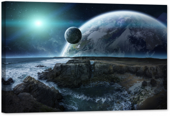 Tablou luminos in intuneric GlowforHome Planeta indepartata cu tarmuri si mari involburate panorama univers 120 cm x 80 cm 