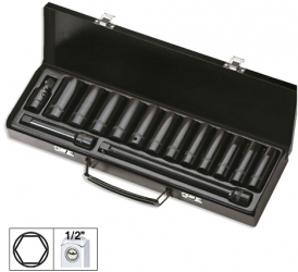 Set De 15 Piese De Impact Cu 12 Tubulare Lungi De 1/2 INCH Hexagonale + Adaptoare 