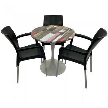 Set 3 scaune SUNSET negru cu masa rotunda 70cm Raki Redden Wood blat werzalit si baza metalica alba 