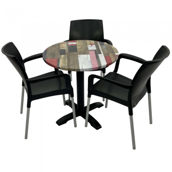 Set 3 scaune SUNSET negru cu masa rotunda 70cm Raki Redden Wood blat werzalit si baza metalica 