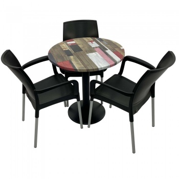 Set 3 scaune SUNSET negru cu masa rotunda 70cm Raki Redden Wood blat werzalit si baza metalica negru 