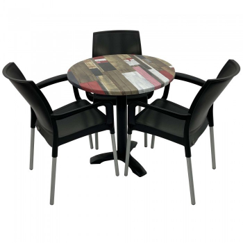 Set 3 scaune SUNSET negru cu masa rotunda 70cm Raki Redden Wood blat werzalit si picior metalic culoare negru 