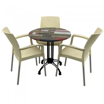 Set bistro de exterior masa patrata 70cm Raki Rededn Wood blat werzalit si baza retro culoare negru 3 scaune SUNSET crem 
