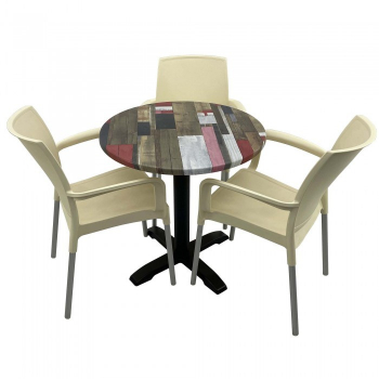 Set bistro de exterior masa rotunda 70cm Raki Redden Wood blat werzalit si baza metalica 3 scaune SUNSET crem 