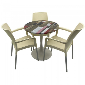 Set bistro de exterior masa rotunda 70cm Raki Redden Wood blat werzalit si baza metalica alba 3 scaune SUNSET crem 