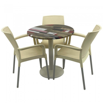 Set bistro de exterior masa rotunda 70cm Raki Redden Wood blat werzalit si baza metalica culoare alba 3 scaune SUNSET crem 