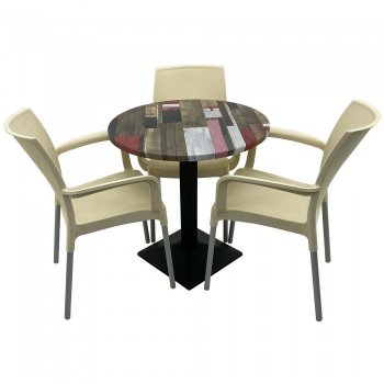 Set bistro de exterior masa rotunda 70cm Raki Redden Wood blat werzalit si baza metalica culoare negru 3 scaune SUNSET crem 