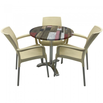 Set bistro de exterior masa rotunda 70cm Raki Redden Wood blat werzalit si picior aluminiu 3 scaune SUNSET crem 