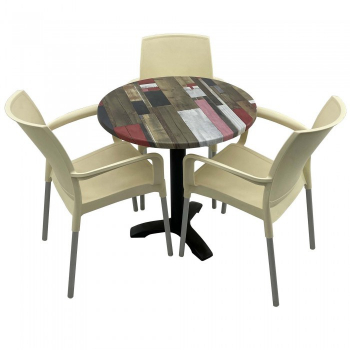 Set bistro de exterior masa rotunda 70cm Raki Redden Wood blat werzalit si picior metalic culoare negru 3 scaune SUNSET crem 