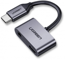 Adaptor Audio de la USB C Tata la USB C Mama si Mini Jack 3.5mm Mama Functie de Incarcare 1.5A Ugreen Gri 