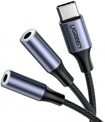 Adaptor Jack / Splitter AUX de la USB C la 2 x Mini Jack 3.5 mm Mama Ugreen 20 cm Gri 