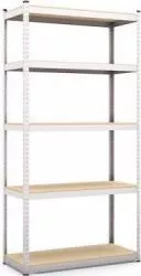 Raft metalic depozitare Qracks 5 polite MDF 180x90x40 cm 175 kg/polita montaj fara surub prin clipsare cadru metalic argintiu polite maro 