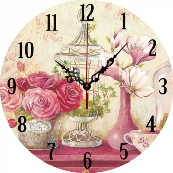 Ceas perete floral analog rotund din lemn diametru 34 cm 