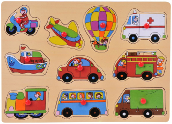 Puzzle educativ din lemn cu vehicule 10 piese cu maner 30 x 22 cm