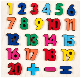 Puzzle educativ incastru din lemn 20 numere si semne piese groase 28 x 27.5 cm 