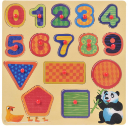 Puzzle educativ incastru din lemn cu 15 piese mari Numere si forme geometrice 30x30 cm 