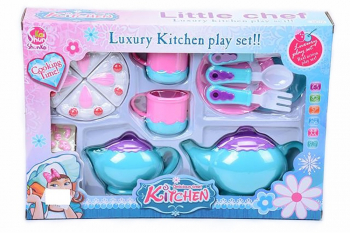 Set de joaca cu set de ceai tacamuri farfurie si alimente din plastic 14 piese 