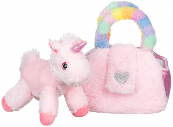 Unicorn roz de plus in gentuta de blana pentru fetite 20 cm 