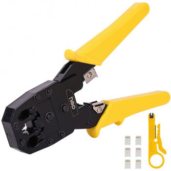 Cleste sertizare UTP mufe RJ45 8p8c pentru cablare internet cu instrument de stripare si 6 conectori Galben MON-BBL7178