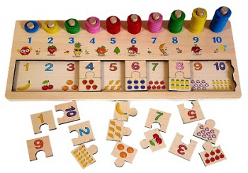 Jucarie educativa din lemn 3 in 1 numaratoare puzzle asociere imagini 