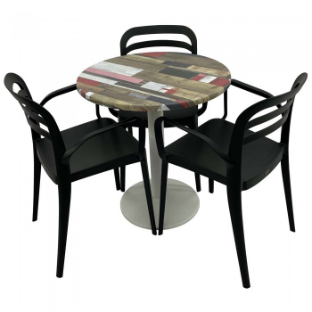 Set mobila de terasa restaurant Raki Redden Wood masa rotunda 70cm cu blat werzalit si baza metalica culoare alba 3 scaune ASPENDOS cu brat 