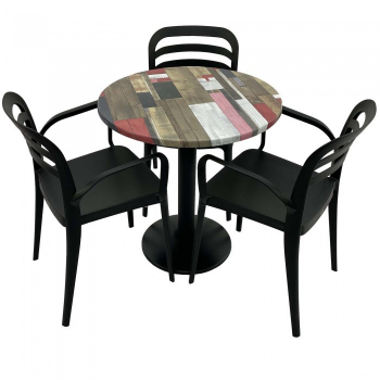 Set mobila de terasa restaurant Raki Redden Wood masa rotunda 70cm cu blat werzalit si baza metalica negru 3 scaune ASPENDOS cu brate negre 