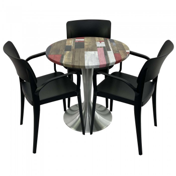 Set mobila de terasa restaurant RAKI Redden Wood masa rotunda 70cm cu blat werzalit si baza aluminiu 3 scaune PANORA cu brate negre 