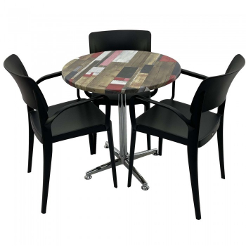 Set mobila de terasa restaurant RAKI Redden Wood masa rotunda 70cm cu blat werzalit si baza crom clasica 3 scaune PANORA cu brate negre