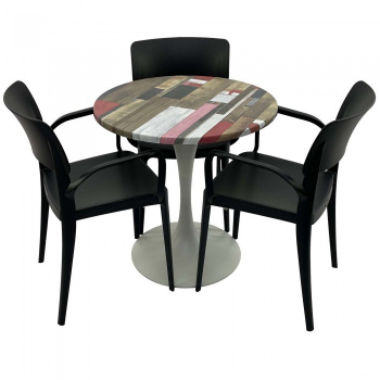 Set mobila de terasa restaurant RAKI Redden Wood masa rotunda 70cm cu blat werzalit si baza metalica alba 3 scaune PANORA cu brate negre 