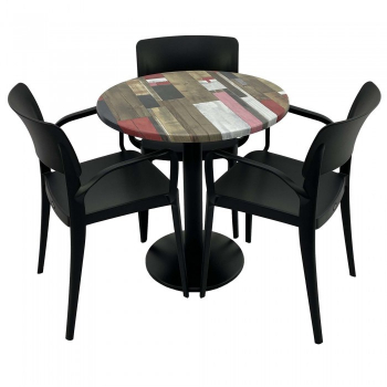 Set mobila de terasa restaurant RAKI Redden Wood masa rotunda 70cm cu blat werzalit si baza metalica negru 3 scaune PANORA cu brate negre 