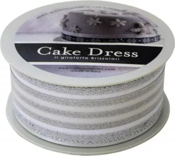 Banda decorativa textila Cake Dress pentru torturi si prajituri 4.5cm x 10m Double Stripes argintiu 