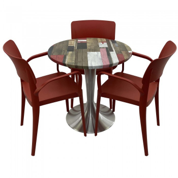 Set mobila de terasa restaurant RAKI Redden Wood masa rotunda 70cm cu blat werzalit si baza aluminiu 3 scaune PANORA cu brate rosii 