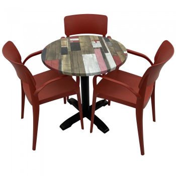 Set mobila de terasa restaurant RAKI Redden Wood masa rotunda 70cm cu blat werzalit si baza metalica 3 scaune PANORA cu brate rosii 