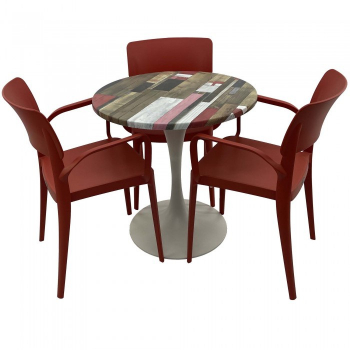 Set mobila de terasa restaurant RAKI Redden Wood masa rotunda 70cm cu blat werzalit si baza metalica alba 3 scaune PANORA cu brate rosii 