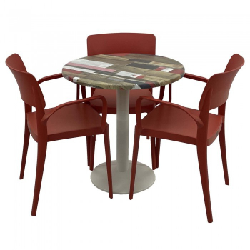 Set mobila de terasa restaurant RAKI Redden Wood masa rotunda 70cm cu blat werzalit si baza metalica culoare alba 3 scaune PANORA cu brate 