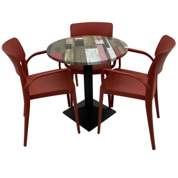 Set mobila de terasa restaurant RAKI Redden Wood masa rotunda 70cm cu blat werzalit si baza metalica culoare negru 3 scaune PANORA cu brate 