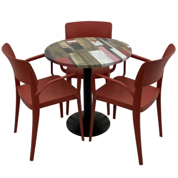 Set mobila de terasa restaurant RAKI Redden Wood masa rotunda 70cm cu blat werzalit si baza metalica negru 3 scaune PANORA cu brate rosii 