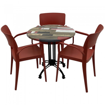 Set mobila de terasa restaurant RAKI Redden Wood masa rotunda 70cm cu blat werzalit si baza retro 3 scaune PANORA cu brate rosii 
