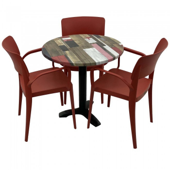 Set mobila de terasa restaurant RAKI Redden Wood masa rotunda 70cm cu blat werzalit si picior metalic culoare negru 3 scaune PANORA cu brate 