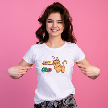 Tricou personalizat dama PASTE FERICIT PISICUTA CU URECHI DE IEPURAS Alb Bumbac Marime L 