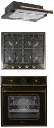 Pachet incorporabil cuptor electric plita gaz si hota telescopica Studio Casa Toscana Retro Black Rustic Clasa A Gratare fonta Negru 