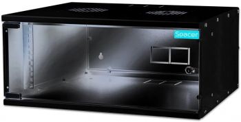 Cabinet 19″ Spacer 4U fixare pe perete dezasamblat usa sticla cu blocare otel 1.5mm sarcina maxima 100Kg Negru 