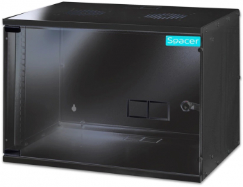 Cabinet 19″ Spacer 7U fixare pe perete dezasamblat usa sticla cu blocare otel 1.5mm sarcina maxima 100Kg Negru 