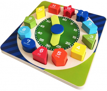Joc educativ de sortare Montessori Ceasul din lemn cu forme geometrice si cifre 