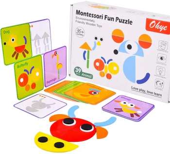 Joc educativ Montessori - Tangram cu 39 piese geometrice multicolore din lemn 