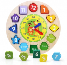 Sa invatam ceasul cu forme geometrice incastru si snuruire Montessori din lemn 12 piese 