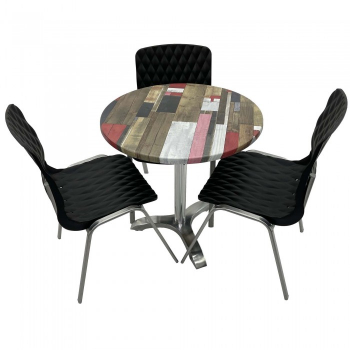 Set mobila de terasa restaurant RAKI Redden Wood masa rotunda 70cm cu blat werzalit si picior aluminiu 3 scaune ROYAL negre 