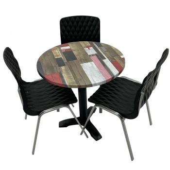 Set mobila de terasa restaurant RAKI Redden Wood masa rotunda 70cm cu blat werzalit si picior metalic culoare negru 3 scaune ROYAL negre 